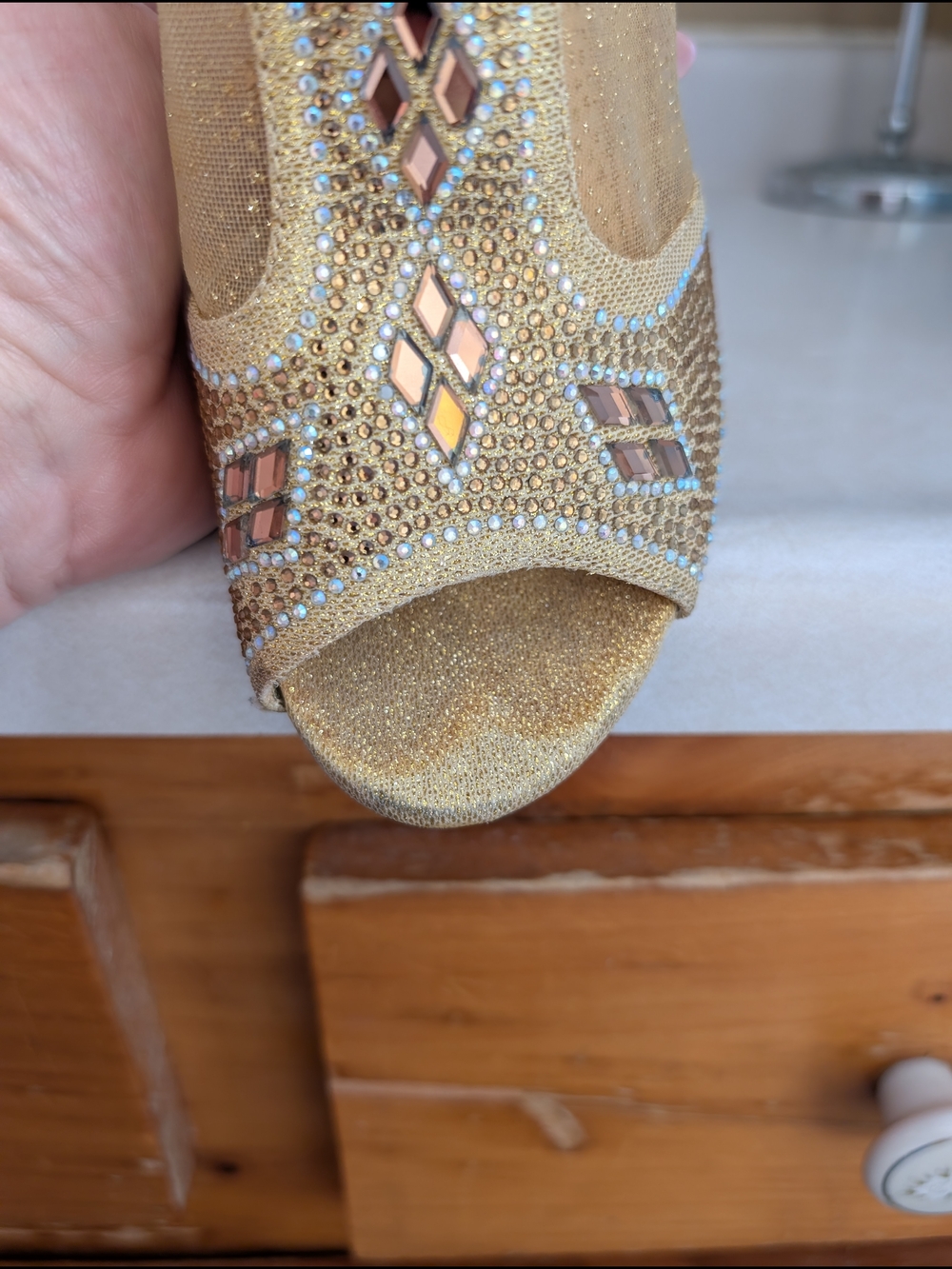 Gold Embellished Peep-Toe Women's Heels - Picture 8 of 8